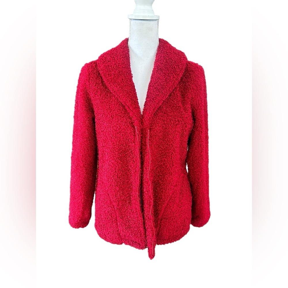 J. Jill Red Boucle Teddy Zip Jacket Womens Size Small